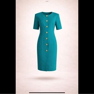 Vintage Ultra Dress New York Teal Button Front Sheath Dress Size 12 Made USA